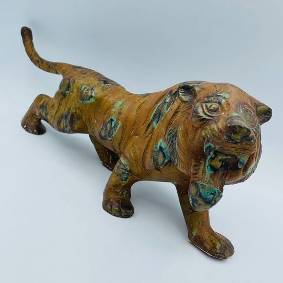 TIGER Decorative Figure Large Slinking Brass Copper Tone Item Made in India 15" - Picture 1 of 12